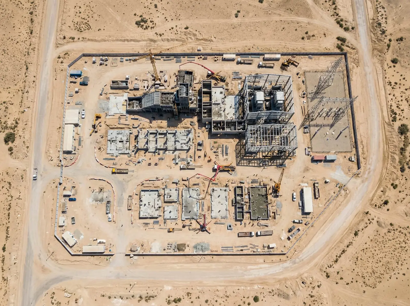 Aerial view of a circular economy plant under construction in the GCC desert